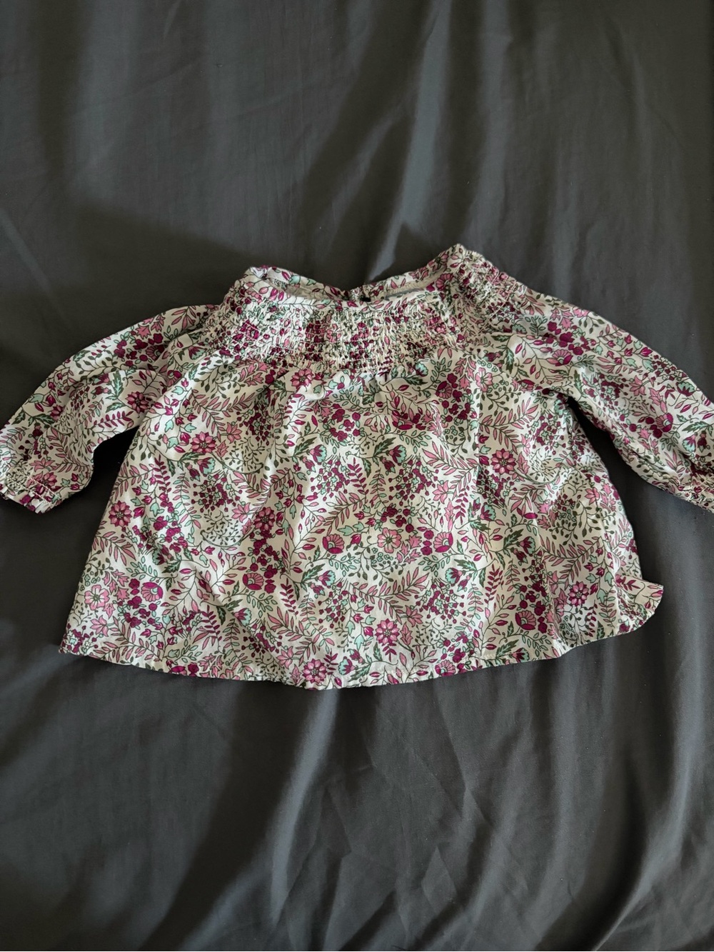 BabyGap Floral Smocked Long-Sleeve Baby Top - White with Pink & Green